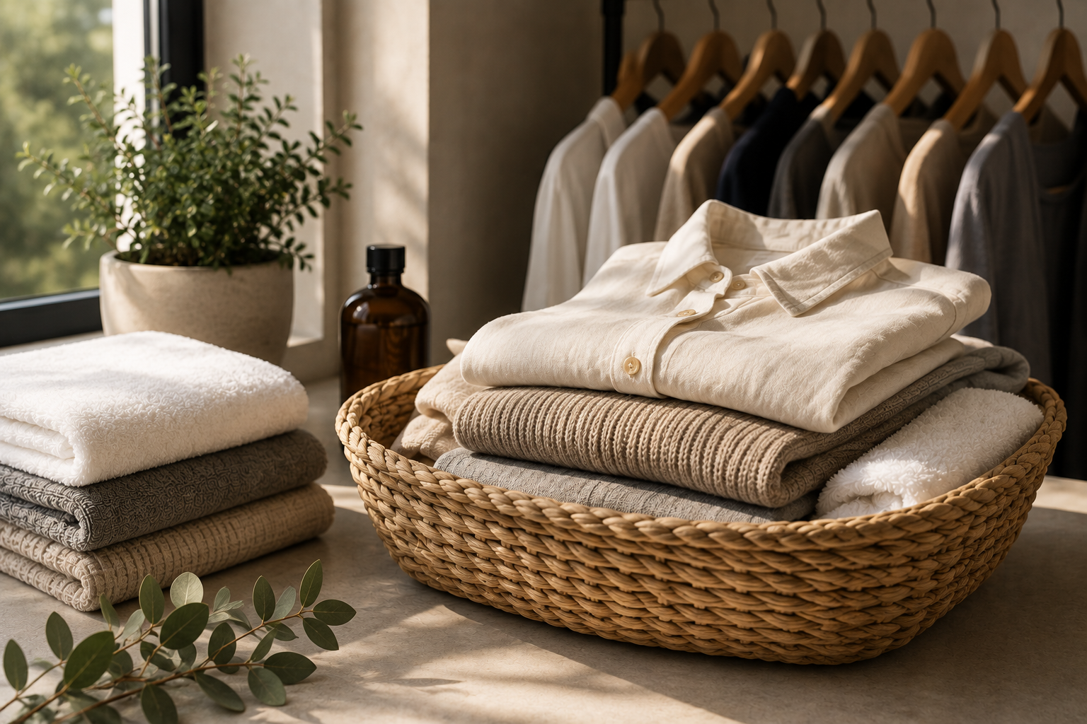 Freshly folded garments and towels in a calm home setting