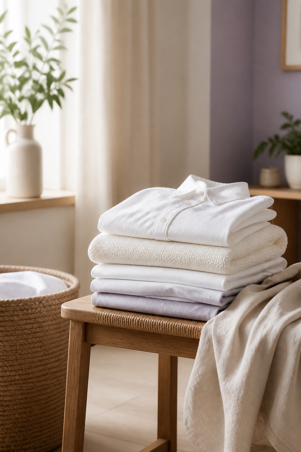 Freshly folded premium laundry in a calm home setting